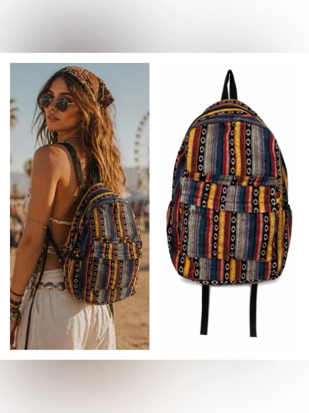 Bohemian 100% Wool Patchwork Backpack Festival Coachella Hippie Southwestern